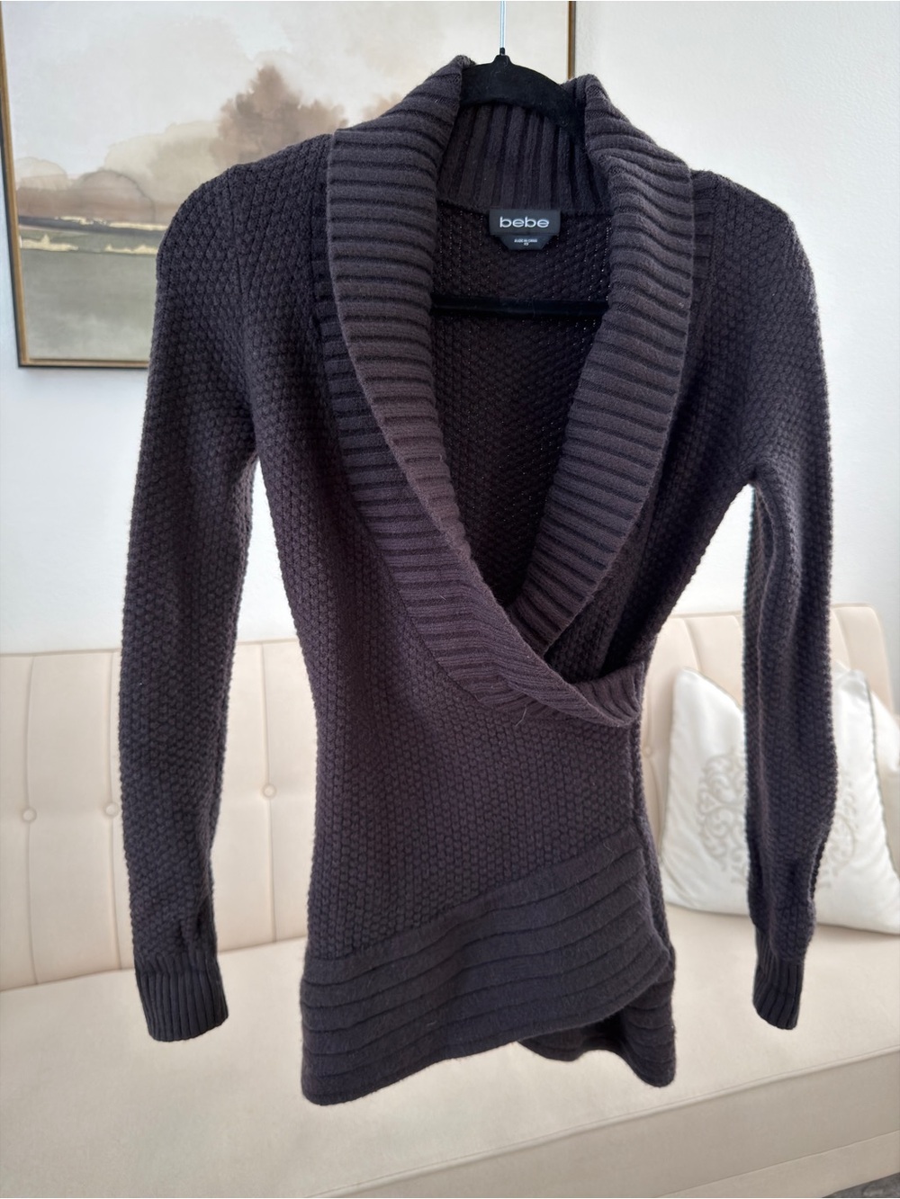 bebe Chocolate Brown Wrap-Front Shawl Collar Sweater